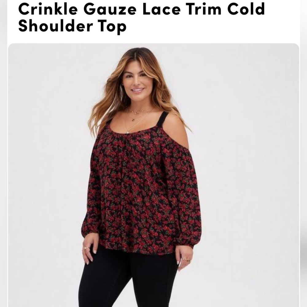 Torrid Crinkle Gauze Lace Trim Cold Shoulder Top